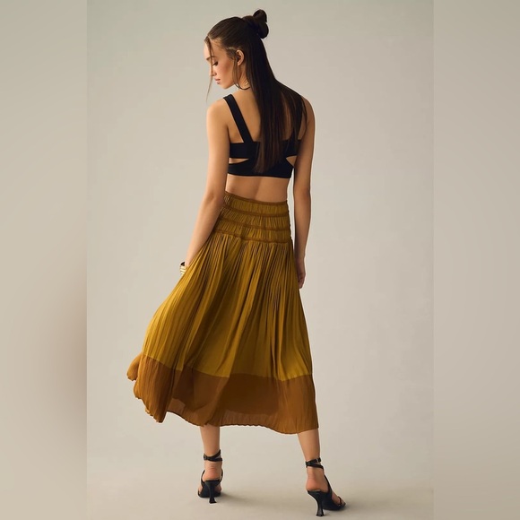 Anthropologie Tiered A-Line midi Skirt Large bronze gold New NWT pull on satin - Picture 3 of 12